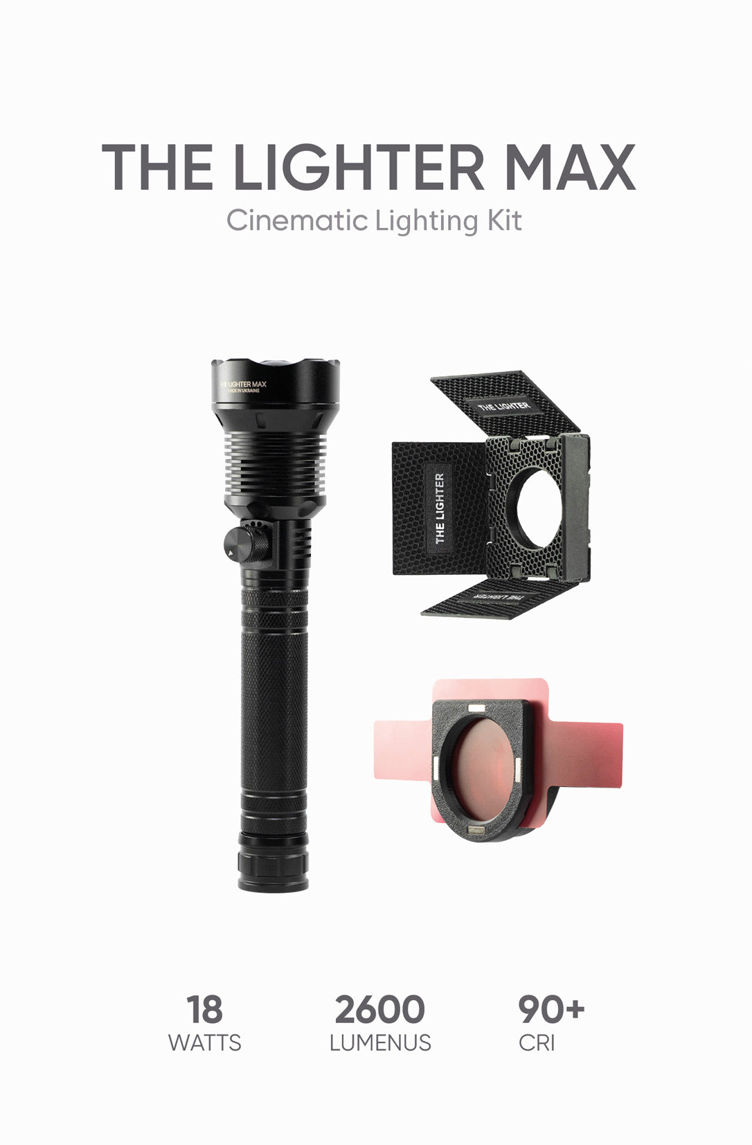 THE LIGHTER MAX Cinematic Combo with barn doors and colored gel filters